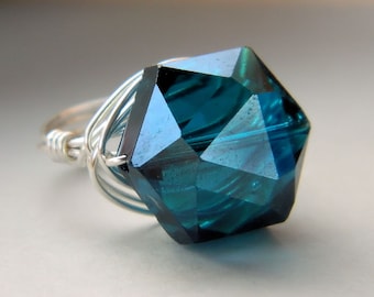 Teal Sapphire Glass Handmade Ring. Big Teal Glass Ring. Attractive and Heavy Rings. Jewelry Rings. Gabeadz. Big Glass Ring