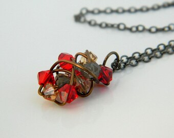Swarovski Crystal Wire Wrapped Pendant Necklace. Red Brown Grey Rustic Pendant. OOAK, Jewelry Necklace. Choose your Favorite