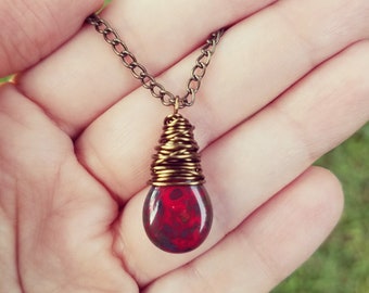 Dark Red Drop Pendant Necklace - Red Czech Picasso Teardrop, Jewelry Necklace, Red Pendants, Rustic Necklace. HOT Red Pendant. Collar Rojo