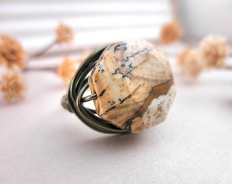 Jasper Ring, Jewelry Rings, Stone Rings, Rustic Ring, Gemstone Ring, To Order, Brass, Nature, Brown Ring, Cocoa Ring, Caramel, OOAK Ring