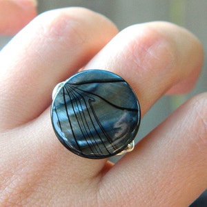 Shell Ring, Blue Striped Shell Ring Mother of Pearl Rings. Black Grey Teal Silver Ring. Night Ocean Unique Ring. Jewelry Rings, To Order image 2