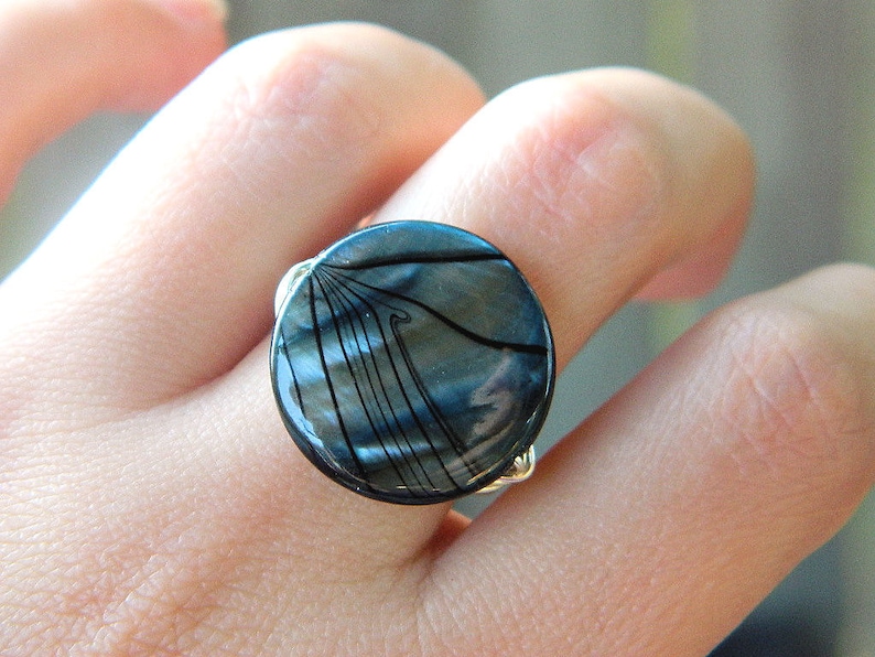 Shell Ring, Blue Striped Shell Ring Mother of Pearl Rings. Black Grey Teal Silver Ring. Night Ocean Unique Ring. Jewelry Rings, To Order image 2