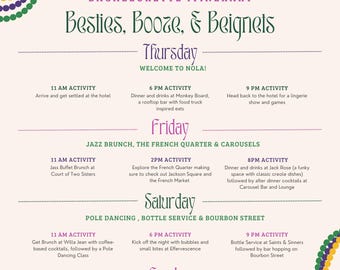 Könnte beinhalten: Ein farbenfroher Reiseplan für einen Junggesellinnenabschied in New Orleans, Louisiana. Der Reiseplan beinhaltet Aktivitäten wie ein Jazz-Brunch, einen Pole-Dance-Kurs und Beignets. Der Text enthält die Wochentage, Uhrzeiten und Aktivitäten.