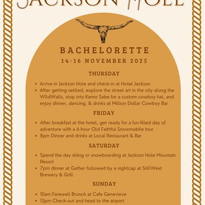 May include: A tan and brown poster for a bachelorette party in Jackson Hole. The poster includes the text "YEEHAW! INDIE'S JACKSON HOLE" and details of the itinerary for November 14-16, 2025. The poster has a western theme with illustrations.