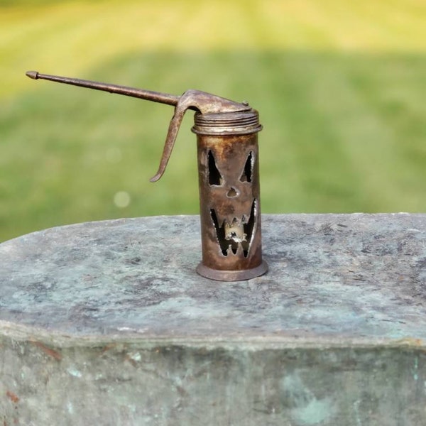 Vintage oil can jack-o'-lantern luminary Halloween decor plasma cut desk decor oiler jack