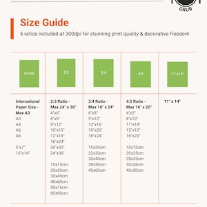 May include: A size guide for printable designs, showing five different aspect ratios and their corresponding maximum print sizes in inches and centimeters. The guide includes international paper sizes like A3, A4, A5, and A6, as well as common print sizes like 5x7 and 10x14 inches.