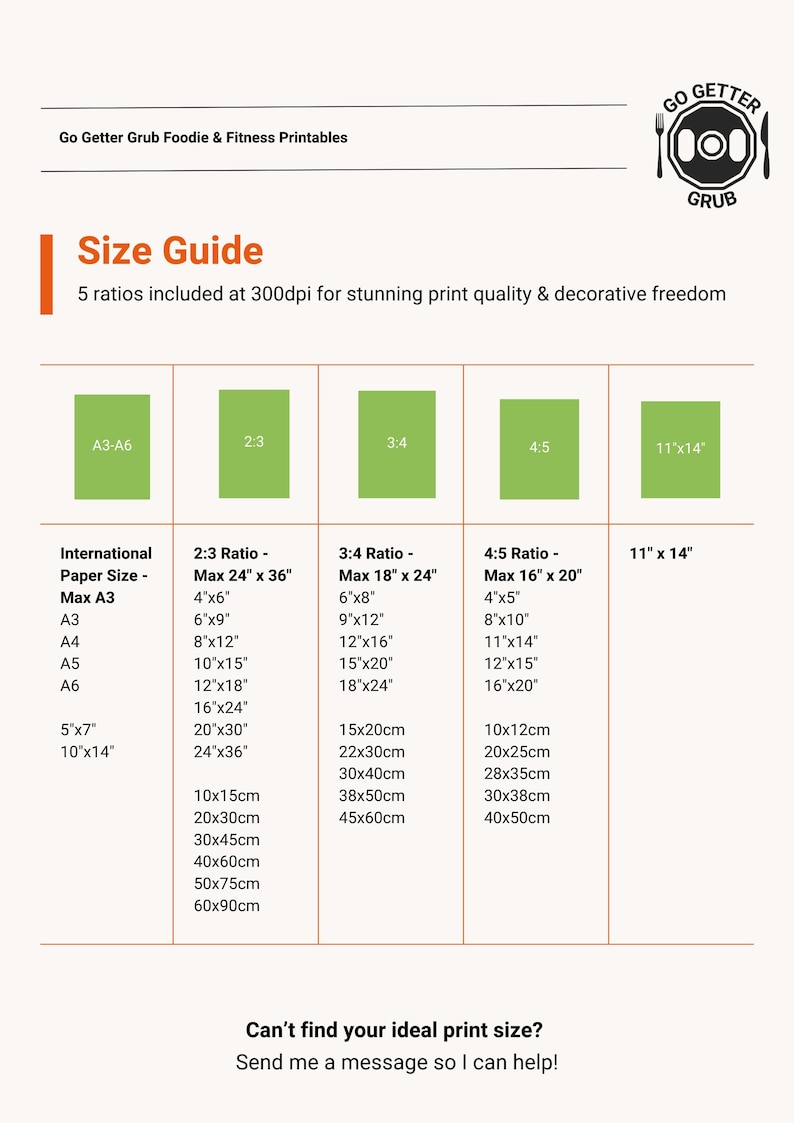 May include: A size guide for printable designs, showing five different aspect ratios and their corresponding maximum print sizes in inches and centimeters. The guide includes international paper sizes like A3, A4, A5, and A6, as well as common print sizes like 5x7 and 10x14 inches.