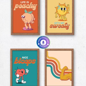 May include: Four printable wall art prints with retro-inspired designs. The first print features a peach with legs and the text "Life is peachy". The second print features a sun with a face and the text "Let's get sweaty". The third print features a heart with legs and the text "Nice biceps". The fourth print features a colorful abstract design with a bicep.