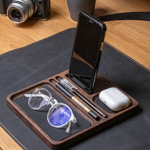 Customizable Oak Wood & Leather Desk Organizer Tray