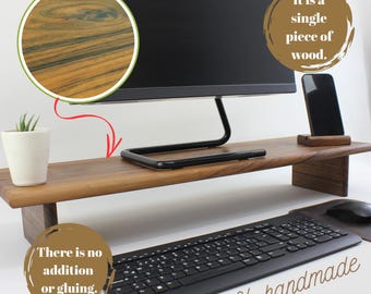 Walnut Monitor Stand with Shelf: Ergonomic Wood Monitor Riser