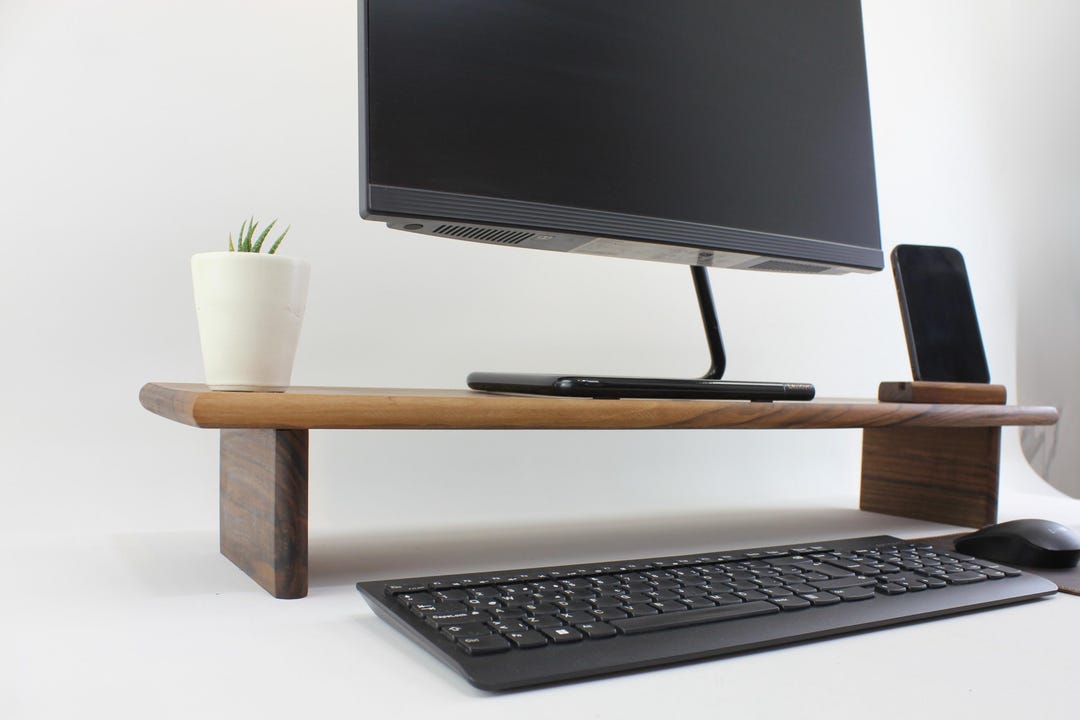 Walnut Monitor Riser With Shelf, Wood Monitor Riser, Wooden Monitor ...