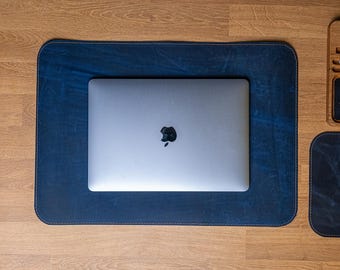Personalized Leather Desk Mat: Custom Large Navy Blue Desk Pad