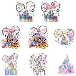 Aquarel muiskasteel png-bundel, aquarel muisoorkasteel png, retro kleurrijk kasteel png, sublimatieontwerp png, Magic Kingdom png