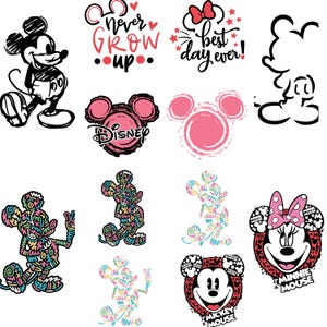 Svg Minnie Mouse, Bundle SVG Mickey Mouse, Mickey Mouse Png, fichiers Svg pour cricut, Silhouette, vecteur de souris, cliparts de dessin animé