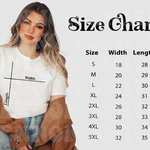 May include: A white t-shirt with a size chart graphic. The chart displays sizes S to 5XL, with corresponding width and length measurements in inches. The text "Size Chart" is at the top of the image.