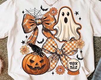 Vintage Halloween Ghost Coquette T-shirt, Spooky Season, Floral Fall Pumpkin Bow Tee, Retro Checkered Halloween Tshirt, Witchy Vibes Shirt