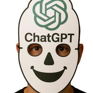 May include: White Halloween mask with black trim, featuring the text "ChatGPT" and a green logo. The mask has eye holes, a triangular nose, and a smiling mouth. The text "ChatGPT Halloween Mask" is at the top.