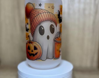 Herbst Gespenst Glas Tasse: Gefrosteter Eiskaffee Becher mit Deckel & Strohhalm