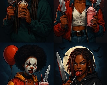 May include: Four digital illustrations of women in Halloween costumes, each holding a bloody knife and a beverage. One wears a Jason Voorhees mask, another has pigtails, a third is a clown, and the last has dreadlocks.