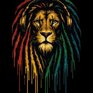 Könnte beinhalten: Digitale Illustration eines Löwen mit Kopfhörern und Dreadlocks in Rot, Gelb und Grün. Die Mähne des Löwen ist golden, der Hintergrund ist schwarz. Farbe tropft von den Dreadlocks.