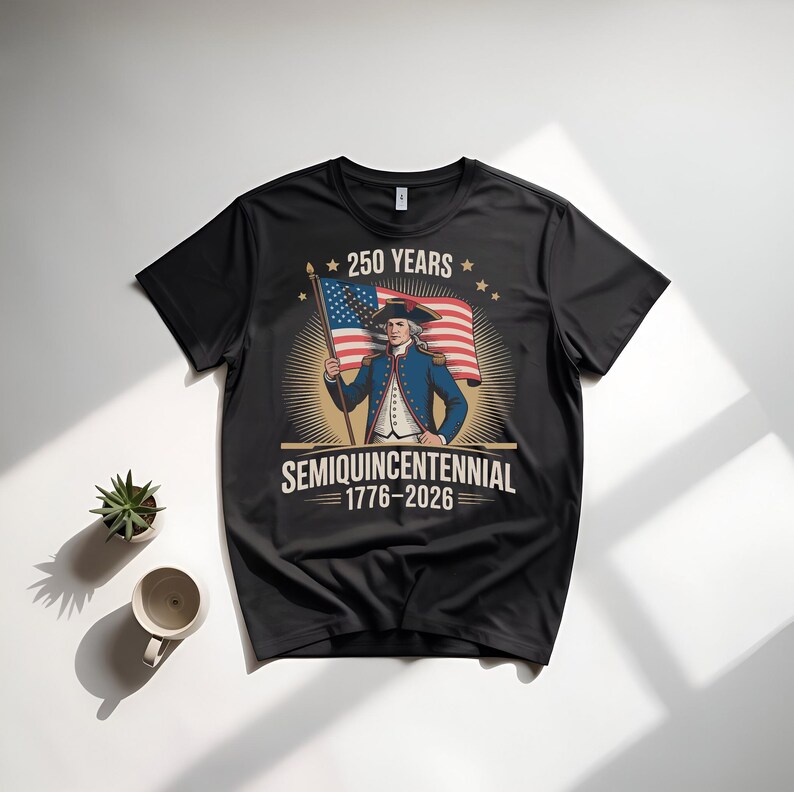 K&ouml;nnte beinhalten: Schwarzes T-Shirt mit einem Vintage-Grafikdesign eines Mannes in einem blauen Mantel, der eine amerikanische Flagge h&auml;lt. Der Text auf dem T-Shirt lautet "250 YEARS SEMIQUINCENTENNIAL 1776-2026". Das Design erinnert an ein historisches Ereignis.
