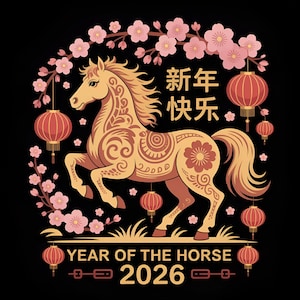 Może przedstawiać: Ilustracja złotego konia z misternymi wzorami, otoczona różowymi kwiatami wiśni i czerwonymi lampionami, na czarnym tle. Tekst głosi "Year of the Horse 2026" oraz chińskie znaki oznaczające "Szczęśliwego Nowego Roku".