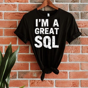 May include: Black t-shirt with the white text "I'M A GREAT SQL", hanging on a wooden hanger against a brick wall. The shirt is knotted at the bottom. A green plant is visible on the left side.