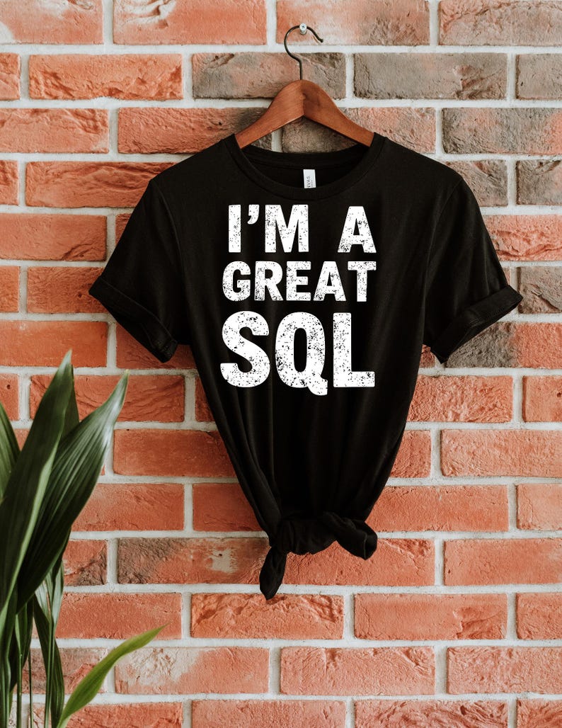 May include: Black t-shirt with the white text "I'M A GREAT SQL", hanging on a wooden hanger against a brick wall. The shirt is knotted at the bottom. A green plant is visible on the left side.