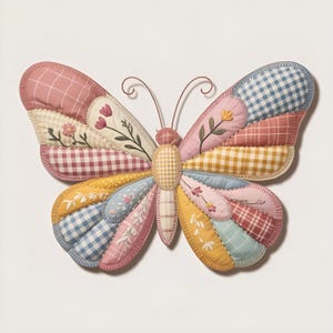 Könnte beinhalten: Wanddekoration in Form eines Schmetterlings mit Patchwork-Design. Die Flügel bestehen aus verschiedenen Pastellstoffen, darunter rosa Vichy, Blumenmuster und gelbe und blaue Karos. Der Schmetterling hat eine genähte Bordüre und Drahtantennen. Maße in Zentimetern.