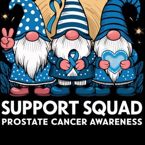 May include: Illustration of three gnomes in blue outfits with white beards, hats, and holding a blue ribbon and heart. The text reads "SUPPORT SQUAD PROSTATE CANCER AWARENESS" on a black background.