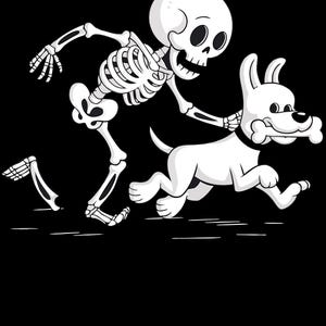 Può includere: Un'illustrazione a cartoni animati di uno scheletro bianco che insegue un cane bianco. Il cane sta correndo e tiene un osso in bocca. Lo sfondo è nero.