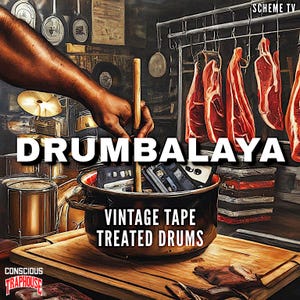 May include: A close-up of a pot filled with cassette tapes, with a wooden drumstick being placed inside. The pot is labeled "Vintage Tape Treated Drums" and the text "Drumbalaya" is displayed above the pot. The image has a vintage, rustic feel.