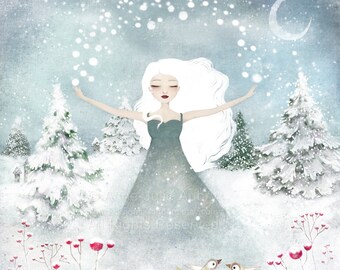 Girl in the Snow - Open Edition Print - Whimsical Art - Christmas