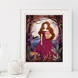 May include: A digital illustration of a woman in a red dress standing in a forest. She is holding a book and a wand. The background is a dark forest with a full moon.
