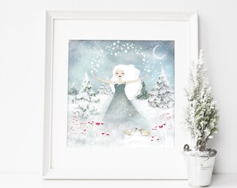 Girl in the Snow - Deluxe Edition Print - Whimsical Art - Christmas