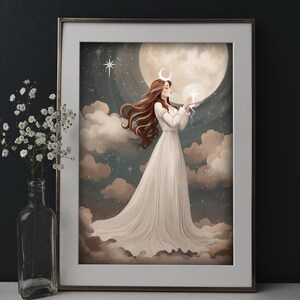 May include: A digital illustration of a woman in a white dress standing on clouds with a crescent moon above her head. She is holding a glowing orb in her hand. The background is a dark blue sky with stars and a full moon.