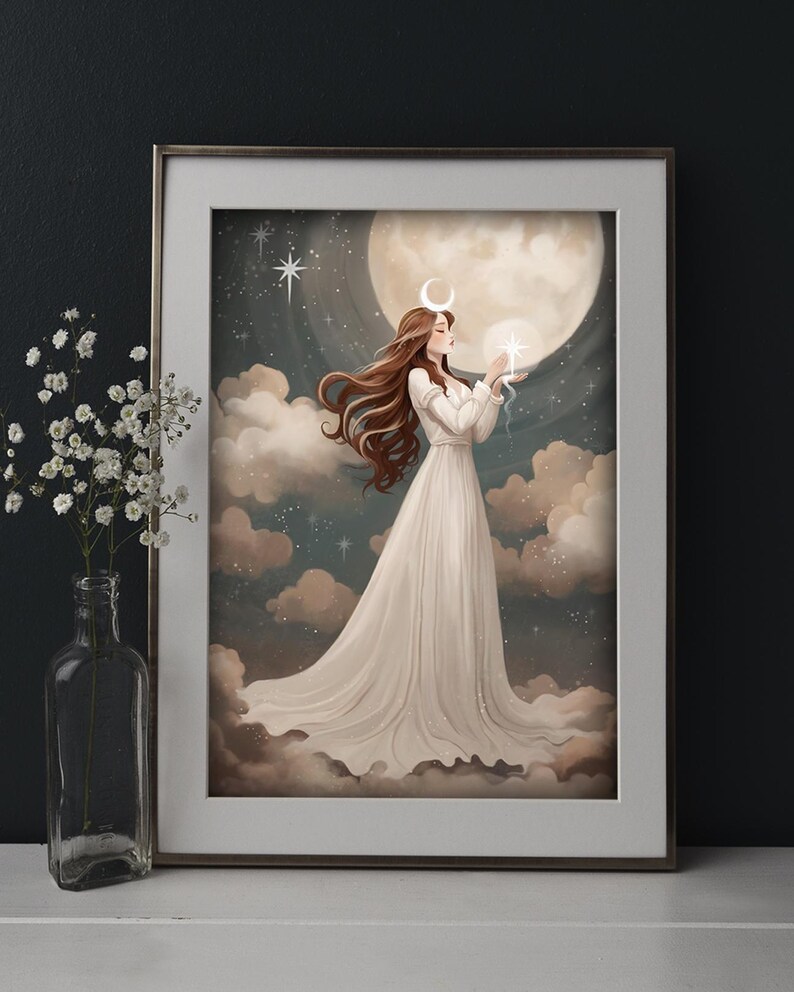 May include: A digital illustration of a woman in a white dress standing on clouds with a crescent moon above her head. She is holding a glowing orb in her hand. The background is a dark blue sky with stars and a full moon.