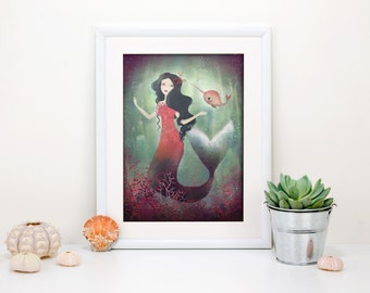 Underwater Friends 24/100 - Mermaid and Narwhal - Deluxe Edition Print - Whimsical Art