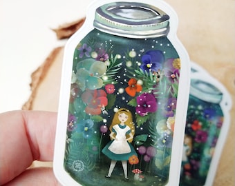 Alice in a Jar - Clear Vinyl Sticker - Alice in Wonderland Sticker - Mason Jar