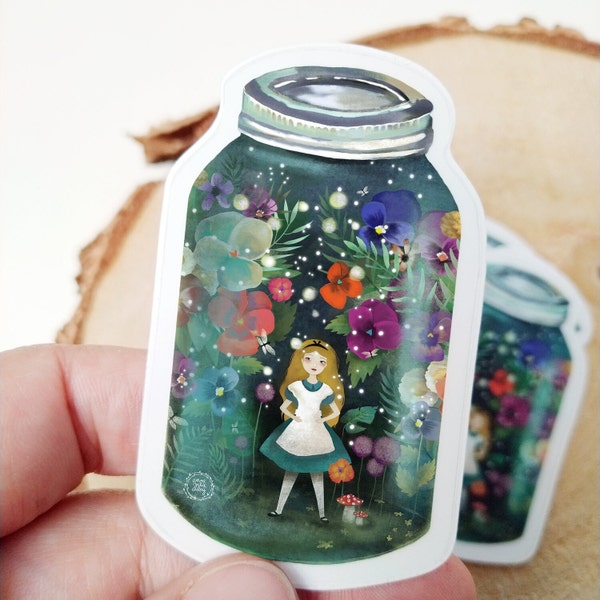Alice dans un pot - Autocollant vinyle transparent - Autocollant Alice au pays des merveilles - Mason Jar