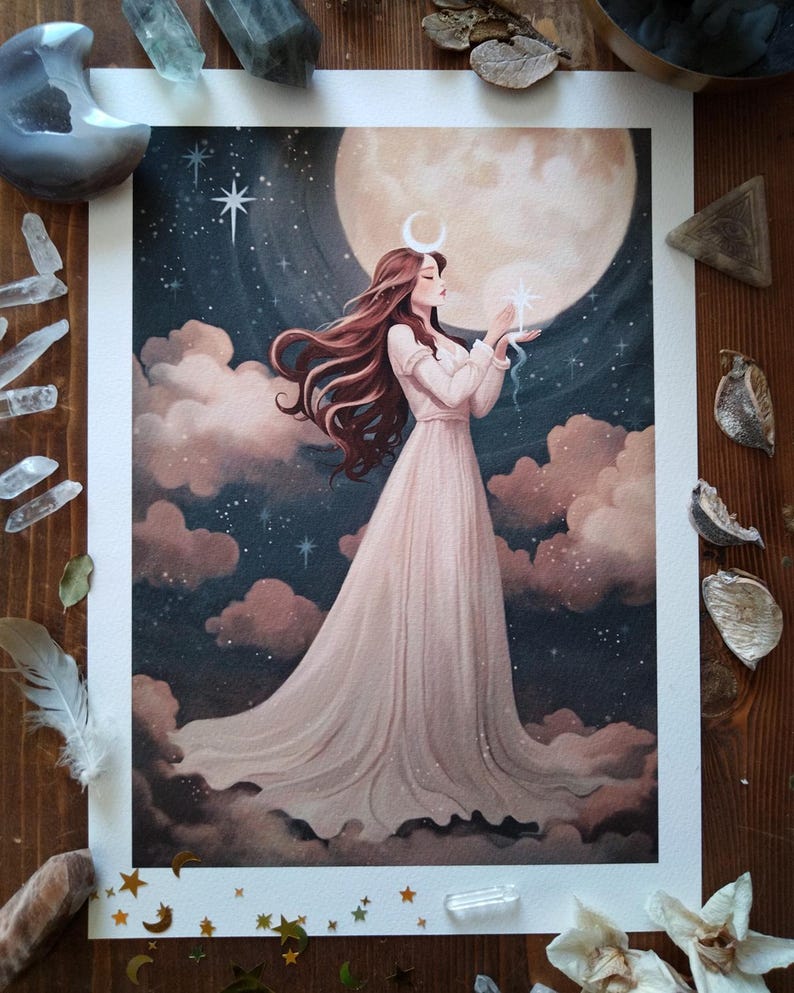 May include: A watercolor painting of a woman in a white dress standing in front of a full moon. She is holding a small star in her hand and has a crescent moon on her forehead. The background is a dark blue sky with clouds and stars.