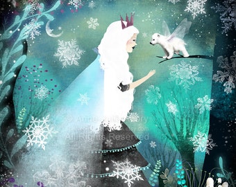 Snow Queen and Fairy Bear - Open Edition Print - whimsical art - christmas