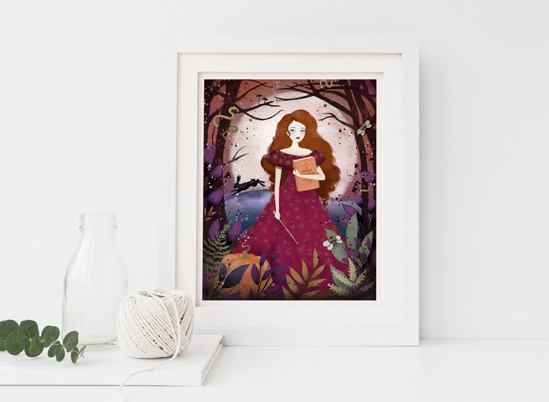 May include: A digital illustration of a woman in a red dress standing in a forest. She is holding a book and a wand. The background is a dark forest with a full moon.