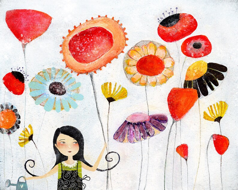 K&ouml;nnte beinhalten: Eine skurrile Illustration eines M&auml;dchens, das einen Garten mit bunten Blumen bew&auml;ssert. Die Blumen sind in verschiedenen Rot-, Orange-, Gelb-, Blau- und Lilat&ouml;nen gemalt. Das M&auml;dchen tr&auml;gt ein gr&uuml;nes Kleid und hat lange schwarze Haare.