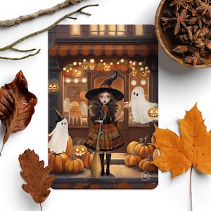 Pumpkin Cafe - Carte postale illustrée - Cottagecore - Art fantôme - Amateur de citrouille - Décoration d'automne - Art d'Halloween - Witchcore