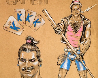 Gambit IMPRESSÃO lembre-se Remy LeBeau X-Men 97 zaddy aquarela moda ilustração esboço croquis guilda dos ladrões desenho guache peito peludo