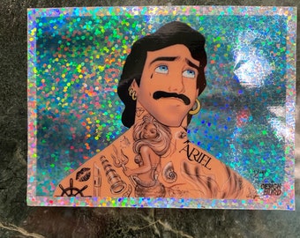 Emo Prince Eric holographic sticker, Sexy mustache neck tattoo tattooed chest Disney Princess gay cartoon dream dad