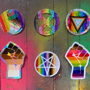 6 Trans Queer Gay pride stickers, Rainbow flag Diversity Resist Black Lives Matter, Intersectional, Civil Rights, Equality, Egalitarian, BLM