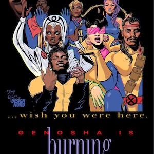 Puede incluir: Una ilustración colorida de un grupo de personas con un estilo de cómic. El texto "Having a ball... wish you were here. GENOSHA IS burning A Jack Kirby film" está en la parte superior e inferior de la imagen.