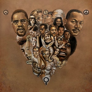 May include: A collage of faces in a heart shape, with a peace symbol at the top and a female symbol at the bottom. The faces are diverse and include people of different races, ages, and genders. The collage is painted in a realistic style and has a warm, earthy color palette.
